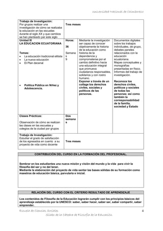 Universidad Nacional de Chimborazo
Escuela de Ciencias Sociales
Sílabo de la Cátedra de Filosofía de la Educación
4
Trabajo de Investigación:
Por grupos realizar una
investigación de cómo se realizaba
la educación en las escuelas
durante el siglo XX y que cambios
se han planteado par este siglo
Tres meses
Unidad III
LA EDUCACION ECUATORIANA
Temas:
 La educación tradicional elitista
 La nueva educación
 El Plan decenal
 Política Pública en Niñez y
Adolescencia.
Horas:
36
Semana
s
9
Mediante la investigación
ser capaz de conocer
objetivamente la historia
de la educación como
historia de la
dependencia y
comprometerse por el
cambio definitivo hacia
una educación integral
que promueva
ciudadanos responsables,
solidarios y con rostro
humano.
Exponer a través de un
collage los derechos
civiles, sociales y
políticos de las
personas.
Documentos digitales
sobre los trabajos
individuales, de grupo,
debates paneles
relacionados con la
educación
ecuatoriana.
Mapas conceptuales y
monografías
presentadas en físico.
Informes del trabajo de
investigación.
Reconoce los
derechos civiles,
políticos y sociales
de todas las
personas; así como
también la
corresponsabilidad
de la familia,
sociedad y Estado
Clases Prácticas:
Observación de cómo se realizan
las clases en las escuelas y
colegios de la ciudad por grupos
Dos
semana
s
Trabajo de Investigación:
Estudiar el grado de satisfacción
de los egresados en cuento a su
proyecto de vida como docente
Tres meses
CONTRIBUCIÓN DEL CURSO EN LA FORMACIÓN DEL PROFESIONAL.
Sembrar en los estudiantes una nueva misión y visión del mundo y la vida para vivir la
filosofía del ser y no del tener.
Mediante la elaboración del proyecto de vida sentar las bases sólidas de su formación como
maestros de educación básica, parvularia e inicial.
RELACIÓN DEL CURSO CON EL CRITERIO RESULTADO DE APRENDIZAJE
Los contenidos de Filosofía de la Educación lograrán cumplir con los principios básicos del
aprendizaje establecido por la UNESCO: saber, saber hacer, saber ser, saber compartir, saber
emprender.
 