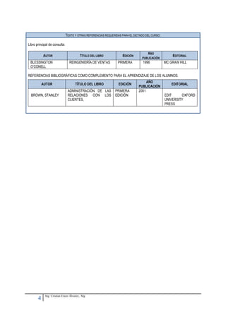 TEXTO Y OTRAS REFERENCIAS REQUERIDAS PARA EL DICTADO DEL CURSO:

Libro principal de consulta:

                                                                                    AÑO
           AUTOR                        TÍTULO DEL LIBRO            EDICIÓN                          EDITORIAL
                                                                                 PUBLICACIÓN
 BLESSINGTON                     REINGENIERÍA DE VENTAS          PRIMERA          1996           MC GRAW HILL
 O’CONELL

REFERENCIAS BIBLIOGRÁFICAS COMO COMPLEMENTO PARA EL APRENDIZAJE DE LOS ALUMNOS.
                                                                                    AÑO
           AUTOR                     TÍTULO DEL LIBRO             EDICIÓN                           EDITORIAL
                                                                               PUBLICACIÓN
                                ADMINISTRACIÓN DE LAS           PRIMERA        2001
  BROWN, STANLEY                RELACIONES CON LOS              EDICIÓN                          EDIT     OXFORD
                                CLIENTES,                                                        UNIVERSITY
                                                                                                 PRESS




            Ing. Cristian Erazo Álvarez,. Mg
       4
 