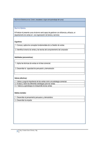 OBJETIVOS GENERALES DEL CURSO: (resultados o logros del aprendizaje del curso)




OBJETIVO GENERAL

Al finalizar el presente curso el alumno será capaz de gestionar con eficiencia y eficacia, un
departamento de ventas en una organización de bienes y servicios


Cognitivos:

 1. Conoce y aplica los conceptos fundamentales de La Gestión de ventas

 2. Identifica la teoría de ventas y las teorías del comportamiento del comprador



Habilidades (psicomotrices):


 1. Aplica las técnicas de ventas en el área comercial.

 2. Desarrollar la capacidad de persuasión y demostración




Valores (afectivos):

 1. Valora y juzga la importancia de las ventas como una estrategia comercial.
 2. Evalúa y valora las diferentes estrategias para las ventas
 3. Valora su aprendizaje en el desarrollo de las ventas


Hábitos mentales:

 1. Desarrollar el pensamiento persuasivo y demostrativo
 2. Desarrollar la empatía




        Ing. Cristian Erazo Álvarez,. Mg
   5
 