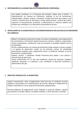 3. CONTRIBUCIÓN DE LA ASIGNATURA EN LA FORMACIÓN DEL PROFESIONAL 
Esta cátedra contribuye en la formación del contador auditor para el diseño e 
implementación de sistemas de información mediante el uso de herramientas 
computarizadas, elaborar, analizar e interpretar estados financieros para apoyar a una 
correcta y eficiente toma de decisiones a niveles administrativos, sistemas de control, 
supervisar el funcionamiento económico y administrativo en empresas públicas y/o 
privadas que contribuyan en el desarrollo socioeconómico del país. 
4. ARTICULACIÓN DE LA ASIGNATURA (R.A.) EN CORRESPONDENCIA CON LOS NIVELES DE CONCRECIÓN 
Página 3 de 8 
DEL CURRÍCULO 
Mejorar la calidad de la educación en todos sus niveles y modalidades, para la generación 
de conocimiento y la formación integral de personas creativas, solidarias, responsables, 
críticas, participativas y productivas, bajo los principios de igualdad, equidad social y 
territorialidad. 
Diseño e implementación de sistemas de información donde apliquen la teoría contable 
y el registro de operaciones acorde con los principios, normas de contabilidad 
generalmente aceptada, leyes y reglamentos afines a su profesión mediante el uso de 
herramientas computarizadas. 
Elaborar, analizar e interpretar estados Financieros para apoyar a una correcta y 
eficiente toma de decisiones. 
Formar profesionales con un alto nivel académico, capaces de solucionar complejos 
problemas inherentes a su profesión y que contribuyan al desarrollo económico y 
administrativo del país. 
5. OBJETIVOS GENERALES DE LA ASIGNATURA 
Impartir conocimientos sobre la programación lineal para que el estudiante resuelva 
problemas relacionados con la administración de recursos mediante la elaboración de 
modelos matemáticos y con la ayuda de herramientas computarizadas. 
Resolver problemas de programación lineal, mediante la ayuda de software especial 
para optimizar el tiempo, obtener resultados confiables y tomar decisiones acertadas . 
 