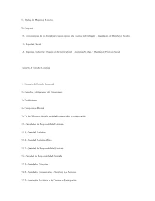 8.- Trabajo de Mujeres y Menores.
9.- Despidos
10.- Consecuencias de los despidos por causas ajenas a la voluntad del trabajador – Liquidación de Beneficios Sociales.
11.- Seguridad Social
12.- Seguridad Industrial – Higiene en la fuente laboral – Asistencia Médica y Medidas de Previsión Social.
Tema No. 4 Derecho Comercial
1.- Concepto de Derecho Comercial.
2.- Derechos y obligaciones del Comerciante.
3.- Prohibiciones.
4.- Competencia Desleal.
5.- De los Diferentes tipos de sociedades comerciales y su orgnización.
5.1.- Sociedades de Responsabilidad Limitada.
5.1.1.- Sociedad Anónima
5.1.2.- Sociedad Anónima Mixta
5.1.3.- Sociedad de Responsabilidad Limitada.
5.2.- Sociedad de Responsabilidad Ilimitada.
5.2.1.- Sociedades Colectivas
5.2.2.- Sociedades Comanditarias – Simples y por Acciones
5.2.3.- Asociación Accidental o de Cuentas en Participación
 