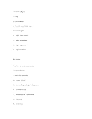 1.- Contrato de Seguro.
2.- Riesgo
3.- Póliza de Seguro
4.- Contenido de la pólizade seguro
5.- Clases de seguros
5.1.- Seguro contra incendios
5.2.- Seguro de transporte
5.3.- Seguro de personas
5.4.- Seguros marítimos.
Área Pública
Tema No. 8 Ley Marco de Autonomías
1.- Conceptualización
2.- Principios y Definiciones
2.1.- Unidad Territorial
2.2.- Territorio Indígena Originario Campesino.
2.3.- Entidad Territorial
2.4.- Descentralización Administrativa
2.5.- Autonomía
2.6.- Competencias
 