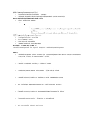 4.1.1. Competencias cognoscitivas (Saber)
o Conoce los conceptos jurídicos básicos y avanzados
o Conoce que herramientas jurídicas existen a su alcance para la solución de conflictos.
4.1.2. Competencias instrumentales (Saberhacer)
o Planifica la exposición de temas
o


 Posee habilidad paraaplicar las leyes a casos específicos y esto le permitela solución de
problemas.
 Demuestra claramente la importancia de las leyes en el desempeño de su profesión.
4.1.3. Competencias interpersonales (Saberser)
o Posee capacidad crítica y autocrítica
o Respetalas ideas y valores.
o Forma hábitos de investigación
o Trabaja en equipo, con valores adecuados.
4.2. COMPETENCIAS ESPECÍFICAS:
Las competencias específicas de la asignatura de Derecho Administrativo son las siguientes:
SABER
o Conoce los conceptos de jurídicos necesarios, y la probabilidad, para aplicar el Derecho como una herramienta en
la solución de problemas del Administrador de Empresas.
o Conoce el actual modelo de Estado y el sistema de Gobierno.
o Explica cuáles son sus garantías jurisdiccionales y sus acciones de defensa.
o Conoce la estructura y organización funcional del Estado Plurinacional de Bolivia.
o Sabe la estructuray organización territorial del Estado Plurinacional de Bolivia.
o Conoce la estructura y organización económica del Estado Plurinacional de Bolivia.
o Conoce cuáles son sus derechos y obligaciones en materia laboral.
o Sabe como constituir legalmente una empresa.
 