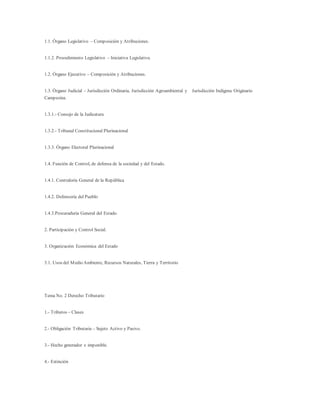 1.1. Órgano Legislativo – Composición y Atribuciones.
1.1.2. Procedimiento Legislativo – Iniciativa Legislativa.
1.2. Órgano Ejecutivo – Composición y Atribuciones.
1.3. Órgano Judicial – Jurisdicción Ordinaria, Jurisdicción Agroambiental y Jurisdicción Indígena Originario
Campesina.
1.3.1.- Consejo de la Judicatura
1.3.2.- Tribunal Constitucional Plurinacional
1.3.3. Órgano Electoral Plurinacional
1.4. Función de Control, de defensa de la sociedad y del Estado.
1.4.1. Contraloría General de la República
1.4.2. Defensoría del Pueblo
1.4.3.Procuraduría General del Estado.
2. Participación y Control Social.
3. Organización Económica del Estado
3.1. Usos del Medio Ambiente, Recursos Naturales, Tierra y Territorio
Tema No. 2 Derecho Tributario
1.- Tributos – Clases
2.- Obligación Tributaria – Sujeto Activo y Pasivo.
3.- Hecho generador e imponible.
4.- Extinción
 