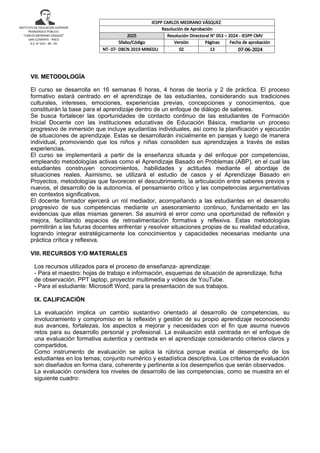 INSTITUTO DE EDUCACIÓN SUPERIOR
PEDAGÓGICO PÚBLICO.
“CARLOS MEDRANO VÁSQUEZ”
SAN CLEMENTE - PISCO
D.S. N° 019 – 89 - ED
VII. METODOLOGÍA
El curso se desarrolla en 16 semanas 6 horas, 4 horas de teoría y 2 de práctica. El proceso
formativo estará centrado en el aprendizaje de las estudiantes, considerando sus tradiciones
culturales, intereses, emociones, experiencias previas, concepciones y conocimientos, que
constituirán la base para el aprendizaje dentro de un enfoque de diálogo de saberes.
Se busca fortalecer las oportunidades de contacto continuo de las estudiantes de Formación
Inicial Docente con las instituciones educativas de Educación Básica, mediante un proceso
progresivo de inmersión que incluye ayudantías individuales, así como la planificación y ejecución
de situaciones de aprendizaje. Estas se desarrollarán inicialmente en parejas y luego de manera
individual, promoviendo que los niños y niñas consoliden sus aprendizajes a través de estas
experiencias.
El curso se implementará a partir de la enseñanza situada y del enfoque por competencias,
empleando metodologías activas como el Aprendizaje Basado en Problemas (ABP), en el cual las
estudiantes construyen conocimientos, habilidades y actitudes mediante el abordaje de
situaciones reales. Asimismo, se utilizará el estudio de casos y el Aprendizaje Basado en
Proyectos, metodologías que favorecen el descubrimiento, la articulación entre saberes previos y
nuevos, el desarrollo de la autonomía, el pensamiento crítico y las competencias argumentativas
en contextos significativos.
El docente formador ejercerá un rol mediador, acompañando a las estudiantes en el desarrollo
progresivo de sus competencias mediante un asesoramiento continuo, fundamentado en las
evidencias que ellas mismas generen. Se asumirá el error como una oportunidad de reflexión y
mejora, facilitando espacios de retroalimentación formativa y reflexiva. Estas metodologías
permitirán a las futuras docentes enfrentar y resolver situaciones propias de su realidad educativa,
logrando integrar estratégicamente los conocimientos y capacidades necesarias mediante una
práctica crítica y reflexiva.
VIII. RECURSOS Y/O MATERIALES
Los recursos utilizados para el proceso de enseñanza- aprendizaje:
- Para el maestro: hojas de trabajo e información, esquemas de situación de aprendizaje, ficha
de observación, PPT laptop, proyector multimedia y videos de YouTube.
- Para el estudiante: Microsoft Word, para la presentación de sus trabajos.
IX. CALIFICACIÓN
La evaluación implica un cambio sustantivo orientado al desarrollo de competencias, su
involucramiento y compromiso en la reflexión y gestión de su propio aprendizaje reconociendo
sus avances, fortalezas, los aspectos a mejorar y necesidades con el fin que asuma nuevos
retos para su desarrollo personal y profesional. La evaluación está centrada en el enfoque de
una evaluación formativa autentica y centrada en el aprendizaje considerando criterios claros y
compartidos.
Como instrumento de evaluación se aplica la rúbrica porque evalúa el desempeño de los
estudiantes en los temas; conjunto numérico y estadística descriptiva. Los criterios de evaluación
son diseñados en forma clara, coherente y pertinente a los desempeños que serán observados.
La evaluación considera los niveles de desarrollo de las competencias, como se muestra en el
siguiente cuadro:
IESPP CARLOS MEDRANO VÁSQUEZ
Resolución de Aprobación
2025 Resolución Directoral N° 053 – 2024 - IESPP CMV
Sílabo/Código Versión Páginas Fecha de aprobación
NT- 07- DBCN 2019 MINEDU 02 13 07-06-2024
 
