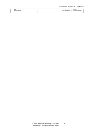 Universidad Nacional de Chimborazo
Carrera: Biología, Química y Laboratorio 10
Sílabo de la Cátedra de Química General
laboratorio. investigación en el laboratorio.
 