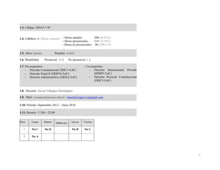 2
1.3. Código: DDA5-7.5C
1.4. Créditos: 4 (3horas semana) - Horas anuales: 200 (4x25x2)
- Horas presenciales: 114 (3x19x2)
- Horas no presenciales: 86 (200-114)
1.5. Años: Quinto Paralelo: A-B-C
1.6. Modalidad: Presencial (X) No presencial ( )
1.7. Pre-requisitos:
- Derecho Constitucional (DDC1-9,4C)
- Derecho Penal II (DDP24-5,6C)
- Derecho Administrativo (DDA2-5,6C)
- Co-requisitos
- Derecho Internacional Privado
(DDIP5-5,6C)
- Derecho Procesal Constitucional
(DDC5-5,6C)
1.8. Docente: Xavier Vázquez Domínguez
1.9. Mail: xvazquez@ucacue.edu.ec / asesoria.legal.xv@gmail.com
1.10. Período: Septiembre 2013 - Junio 2014
1.11. Horario: 17:00 – 22:00
Hora Lunes Martes Miércoles Jueves Viernes
1 5to C 5to B 5to B 5to C
2 5to A
 