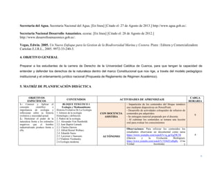 6
Secretaria del Agua. Secretaria Nacional del Agua. [En línea] [Citado el: 27 de Agosto de 2013.] http://www.agua.gob.ec/.
Secretaria Nacional Desarrollo Amazónico. ecorae. [En línea] [Citado el: 28 de Agosto de 2012.]
http://www.desarrolloamazonico.gob.ec/.
Vegas, Edwin. 2005. Un Nuevo Enfoque para la Gestion de la Biodiversidad Marina y Costera. Piura : Editora y Comercializadora
Cartolan E.I.R.L., 2005. 9972-33-240-3.
4. OBJETIVO GENERAL
Preparar a los estudiantes de la carrera de Derecho de la Universidad Católica de Cuenca, para que tengan la capacidad de
entender y defender los derechos de la naturaleza dentro del marco Constitucional que nos rige, a través del modelo pedagógico
institucional y el ordenamiento jurídico nacional (Propuesta de Reglamento de Régimen Académico).
5. MATRÍZ DE PLANIFICACIÓN DIDÁCTICA
OBJETIVOS
ESPECÍFICOS
CONTENIDOS ACTIVIDADES DE APRENDIZAJE
CARGA
HORARIA
1.- Conocer y Aplicar el
concepto científico e
importancia de ecología y
reflexionar sobre su historia
evolutiva y necesidad actual.
2.- Demostrar el poder de la
naturaleza frente a los estímulos
negativos que el hombre
industrializado produce frente a
ella.
BLOQUE TEMÁTICO 1
Ecología y Medioambiente
Historia Evolutiva De La Ecología
1. Génesis de la ecología
1.1 Etimología y definición
2. Padres de la ecología.
2.1. Alexander Von Humboldt.
2.2. Jean Baptist Lamark.
2.2. Charles Darwin
2.3. Alfred Russel Wallace.
2.4. Eduardo Suess.
2.5. Lavoisier y Saussure.
2.5 Vladimir Verdnasky.
2.6 Ecología moderna.
CON DOCENCIA
ASISTIDA
- Impartición de los contenidos del bloque temático
uno mediante diapositivas en PowerPoint.
- Desarrollo de actividades coloquiales de refuerzo de
contenidos pre adquiridos.
- Se entregara material preparado por el docente.
- Al culminar los contenidos se tomara una lección
oral para evaluar los conocimientos
9
AUTÓNOMO
Observaciones: Para reforzar los contenidos los
estudiantes observaran un documental como tarea
https://www.youtube.com/watch?v=q_gcVg29C58
(Darwin y la Evolución Biológica);
https://www.youtube.com/watch?v=VHt2UulbgRc (Una
Verdad Incomoda) y
4
 