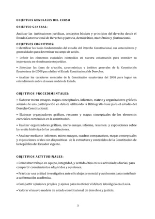 3
OBJETIVOS GENERALES DEL CURSO
OBJETIVO GENERAL:
Analizar las instituciones jurídicas, conceptos básicos y principios del derecho desde el
Estado Constitucional de Derechos y justicia, democrático, multiétnico y plurinacional.
OBJETIVOS COGNITIVOS:
• Identificar las bases fundamentales del estudio del Derecho Constitucional, sus antecedentes y
generalidades para determinar su campo de acción.
• Definir los elementos esenciales contenidos en nuestra constitución para entender su
importancia en el ordenamiento jurídico.
• Sintetizar las fases de creación, características y ámbitos generales de la Constitución
Ecuatoriana del 2008 para definir el Estado Constitucional de Derechos.
• Analizar los caracteres esenciales de la Constitución ecuatoriana del 2008 para lograr un
entendimiento sobre el nuevo modelo de Estado.
OBJETIVOS PROCEDIMENTALES:
• Elaborar micro ensayos, mapas conceptuales, informes, matriz y organizadores gráficos
además de una participación en debate utilizando la Bibliografía base para el estudio del
Derecho Constitucional.
• Elaborar organizadores gráficos, resumen y mapas conceptuales de los elementos
esenciales contenidos en la constitución.
• Realizar organizadores gráficos, micro ensayo, informe, resumen y exposiciones sobre
la reseña histórica de las constituciones.
• Analizar mediante informes, micro ensayos, cuadros comparativos, mapas conceptuales
y exposiciones orales con diapositivas de la estructura y contenidos de la Constitución de
la República del Ecuador vigente.
OBJETIVOS ACTITUDINALES:
• Demostrar trabajo en equipo, integridad, y sentido ético en sus actividades diarias, para
compartir conocimientos adquiridos y opiniones.
• Practicar una actitud investigativa ante el trabajo presencial y autónomo para contribuir
a su formación académica.
• Compartir opiniones propias y ajenas para mantener el debate ideológico en el aula.
• Valorar el nuevo modelo de estado constitucional de derechos y justicia.
 