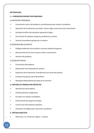 |
11
METODOLOGÌA.
1.-= APRENDIZAJE BASADO POR PROBLEMAS
a) EXPOSICIÓN PROBLÉMICA
• Conversación acerca del problema, procedimientos para resolver el problema.
• Exposición de los elementos esenciales: teorías, lógica constructiva del conocimiento
• Actividad científica del estudiante siguiendo la lógica.
• Formulación de hipótesis, preguntas problémicas y análisis.
• Solución de problemas guiado por el maestro.
b) CONVERSACIÓN HEURÍSTICA
• Diálogo establecido entre profesor y alumno mediante preguntas.
• Razonamiento de los alumnos para arribar a conclusiones.
• Solución del problema.
c) BUSQUEDA PARCIAL
• Formulación del problema.
• Organización de la búsqueda de solución.
• Exposición de los elementos contradictorios por parte del profesor.
• Entrega de la guía por parte del profesor.
• Búsqueda independiente por parte de los alumnos.
2.-) METODO DE TRABAJO POR PROYECTOS
• Identificación del problema
• Contextualización y diagnóstico.
• Encuadre con relación al problema.
• Conformación de equipos de trabajo.
• Construcción del problema específico.
• Planeación estratégica para solucionar el problema
3.- MÈTODO ANALÌTICO
• Determinar los límites del objeto a analizar.
 