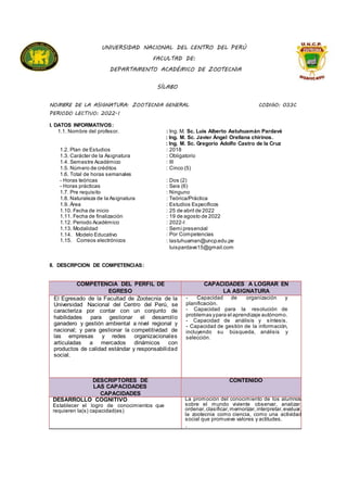 UNIVERSIDAD NACIONAL DEL CENTRO DEL PERÚ
FACULTAD DE:
DEPARTAMENTO ACADÉMICO DE ZOOTECNIA
SÍLABO
NOMBRE DE LA ASIGNATURA: ZOOTECNIA GENERAL CODIGO: 033C
PERIODO LECTIVO: 2022-I
I. DATOS INFORMATIVOS:
1.1. Nombre del profesor. : Ing. M. Sc. Luis Alberto Astuhuamán Pardavé
: Ing. M. Sc. Javier Ángel Orellana chirinos.
: Ing. M. Sc. Gregorio Adolfo Castro de la Cruz
1.2. Plan de Estudios : 2018
1.3. Carácter de la Asignatura : Obligatorio
1.4. Semestre Académico : III
1.5. Número de créditos : Cinco (5)
1.6. Total de horas semanales
- Horas teóricas : Dos (2)
- Horas prácticas : Seis (6)
1.7. Pre requisito : Ninguno
1.8. Naturaleza de la Asignatura : Teórica/Práctica
1.9. Área : Estudios Específicos
1.10. Fecha de inicio : 25 de abril de 2022
1.11. Fecha de finalización : 19 de agosto de 2022
1.12. Periodo Académico : 2022-I
1.13. Modalidad : Semi presencial
1.14. Modelo Educativo
1.15. Correos electrónicos
: Por Competencias
: lastuhuaman@uncp.edu.pe
luispardave15@gmail.com
II. DESCRPCION DE COMPETENCIAS:
COMPETENCIA DEL PERFIL DE
EGRESO
CAPACIDADES A LOGRAR EN
LA ASIGNATURA
El Egresado de la Facultad de Zootecnia de la
Universidad Nacional del Centro del Perú, se
caracteriza por contar con un conjunto de
habilidades para gestionar el desarrollo
ganadero y gestión ambiental a nivel regional y
nacional; y para gestionar la competitividad de
las empresas y redes organizacionales
articuladas a mercados dinámicos con
productos de calidad estándar y responsabilidad
social.
- Capacidad de organización y
planificación.
- Capacidad para la resolución de
problemas ypara el aprendizaje autónomo.
- Capacidad de análisis y síntesis.
- Capacidad de gestión de la información,
incluyendo su búsqueda, análisis y
selección.
DESCRIPTORES DE
LAS CAPACIDADES
CAPACIDADES
CONTENIDO
DESARROLLO COGNITIVO
Establecer el logro de conocimientos que
requieren la(s) capacidad(es)
La promoción del conocimiento de los alumnos
sobre el mundo viviente observar, analizar,
ordenar,clasificar,mernorizar,interpretar,evaluar,
la zootecnia como ciencia, como una actividad
social que promueve valores y actitudes.
.
 