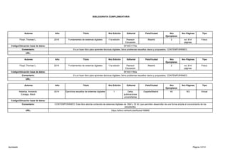 Página 12/13
BIBLIOGRAFÍA COMPLEMENTARIA
Autores Año Título Nro Edición Editorial Pais/Ciudad Nro
Ejemplares
Nro Páginas Tipo
Floyd ;Thomas L. 2016 Fundamentos de sistemas digitales 11a edición Pearson
Educación
/Madrid 2 xvi; 914
páginas
Físico
Código/Ubicación base de datos: BFISEI1779a
Comentario: Es un buen libro para aprender técnicas digitales, tiene problemas resueltos claros y propuestos. CONTEMPORÁNEO.
URL:
Autores Año Título Nro Edición Editorial Pais/Ciudad Nro
Ejemplares
Nro Páginas Tipo
Floyd ;Thomas L. 2016 Fundamentos de sistemas digitales 11a edición Pearson
Educación
/Madrid 2 xvi; 914
páginas
Físico
Código/Ubicación base de datos: BFISEI1780a
Comentario: Es un buen libro para aprender técnicas digitales, tiene problemas resueltos claros y propuestos. CONTEMPORÁNEO.
URL:
Autores Año Título Nro Edición Editorial Pais/Ciudad Nro
Ejemplares
Nro Páginas Tipo
Astarloa, Armando
Zuloaga, Aitzol
2014 Ejercicios resueltos de sistemas digitales 1 Delta,
publicaciones
universitarias
España/Madrid 40 163 Virtual
Código/Ubicación base de datos:
Comentario: CONTEMPORÁNEO: Este libro aborda contenido de sistemas digitales de 16bit y 32 bit, que permiten desarrollar de una forma amplia el conocimiento de los
estudiantes.
URL: https://elibro.net/es/lc/uta/titulos/169660
Aprobado
 