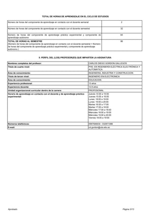 Página 3/13
TOTAL DE HORAS DE APRENDIZAJE EN EL CICLO DE ESTUDIOS
Número de horas del componente de aprendizaje en contacto con el docente semanal 2
Número de horas del componente de aprendizaje en contacto con el docente semestral 32
Número de horas del componente de aprendizaje práctico experimental y componente de
aprendizaje autónomo
64
TOTAL DE HORAS AL SEMESTRE
(Número de horas del componente de aprendizaje en contacto con el docente semestral + Número
de horas del componente de aprendizaje práctico experimental y componente de aprendizaje
autónomo.)
96
II. PERFIL DEL (LOS) PROFESOR(ES) QUE IMPARTEN LA ASIGNATURA
Nombres completos del profesor: CARLOS DIEGO GORDON GALLEGOS
Título de cuarto nivel: PHD. EN INGENIERÍA ELÉCTRICA ELECTRÓNICA Y
AUTOMÁTICA
Área de conocimiento: INGENIERIA, INDUSTRIA Y CONSTRUCCION
Título de tercer nivel: INGENIERO EN ELECTRONICA
Área de conocimiento: EDUCACION
Experiencia profesional: 13 años
Experiencia docente: 12.8 años
Unidad organizacional curricular dentro de la carrera: PROFESIONAL
Horario de aprendizaje en contacto con el docente y de aprendizaje práctico
experimental:
Jueves 14:00 a 15:00
Jueves 15:00 a 16:00
Lunes: 18:00 a 19:00
Lunes: 19:00 a 20:00
Martes 16:00 a 17:00
Martes 17:00 a 18:00
Miércoles 17:00 a 18:00
Miércoles 18:00 a 19:00
Miércoles 19:00 a 20:00
Viernes 18:00 a 19:00
Números telefónicos: 0997946634 - 032871086
E-mail: cd.gordon@uta.edu.ec
Aprobado
 