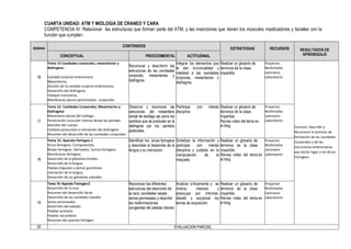 CUARTA UNIDAD: ATM Y MIOLOGIA DE CRANEO Y CARA
COMPETENCIA IV: Relacionar las estructuras que forman parte del ATM, y las inserciones que tienen los músculos masticadores y faciales con la
función que cumplen.
SEMANA
CONTENIDOS
ESTRATEGIAS RECURSOS RESULTADOS DE
APRENDIZAJECONCEPTUAL PROCEDIMENTAL ACTITUDINAL
16
Tema 13-Cavidades corporales, mesenterios y
diafragma :
Cavidad corporal embrionaria
Mesenterios,
División de la cavidad corporal embrionaria,
Desarrollo del diafragma,
Tabique transverso,
Membranas pleuro peritoneales corporales
Reconocer y describirm las
estructuras de las cavidades
corporals, mesenteries y
diafragma.
Integrar los elementos que
le dan funcionalidad y
vitalidad a las cavidades
corporals, mesenterios y
diafragma
Realizar un glosario de
términos de la clase
impartida
Proyector
Multimedia.
Laminario
Laboratorio
Conocer, Describir y
Reconocer el proceso de
formación de las cavidades
Corporales y de las
estructuras embrionarias
que darán lugar a los Arcos
Faríngeos
17
Tema 15- Cavidades Corporales, Mesenterios y
Diafragma:
Mesenterio dorsal del esófago
Penetración muscular interna desde las paredes
laterales del cuerpo
Cambios posturales e inervación del diafragma
Resumen del desarrollo de las cavidades corporales
Observar y reconocer las
estructuras del mesenterio
dorsal de esofago asi como los
cambios que se producen en el
diafragma por los cambios
posturales.
Participar con interés
disciplina
Realizar un glosario de
términos de la clase
impartida
Revisa video del tema en
el blog
Proyector
Multimedia.
Laminario
Laboratorio
18
Tema 15- Aparato Faríngeo-1
Arcos faríngeos. Componentes
Bolsas faríngeas. Derivados, Surcos faríngeos
Membranas faríngeas
Desarrollo de la glándula tiroides
Desarrollo de la lengua
Papilas linguales y yemas gustativas
Inervación de la lengua
Desarrollo de las glándulas salivales
Identificar los arcos faringeos
y describier el desarrollo de la
lengua y su inervacion
Sintetizar la información y
participar con interés
disciplina y cuidado en la
manipulación de la
maqueta
Realizar un glosario de
términos de la clase
impartida
Revisa video del tema en
el blog
Proyector
Multimedia.
Laminario
Laboratorio
19
Tema 16- Aparato Faringeo-2
Desarrollo de la cara
Resumen del desarrollo facial
Desarrollo de las cavidades nasales
Senos paranasales
Desarrollo del paladar
Paladar primario
Paladar secundario
Resumen del aparato faríngeo
Reconocer las diferentes
estructuras del desrooolo de
la cara, cavidades nasals ,
senos perinasales y describir
las malformaciones
congenitas del paladar blando
Analizar críticamente y se
motiva, interesa y
preocupa por informar,
debatir y socializar los
temas de exposición.
Realizar un glosario de
términos de la clase
impartida
Revisa video del tema en
el blog
Proyector
Multimedia.
Laminario
Laboratorio
20 EVALUACION PARCIAL
 