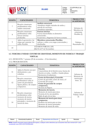 SÍLABO
Código : F15-PP-PR-01.04
Versión : 06
Fecha : 28-04-2015
Página : 3 de 6
Elaboró Vicerrectorado Académico Revisó Representante de la Dirección Aprobó Rectorado
NOTA: Cualquier documento impreso diferente del original, y cualquier archivo electrónico que se encuentren fuera de la Intranet UCV serán
considerados como COPIA NO CONTROLADA
SESIÓN CAPACIDADES TEMÁTICA
PRODUCTOS
ACADÉMICOS
7
Resuelve situaciones
problemáticas sobre
análisis estructural.
Análisis estructural
Armaduras simples métodos de nodos y
método de secciones.
Armaduras espaciales.
Informes de
Miembros de
estructuras
Flexibles (I)
Trabajos
Presentados (T)
8
Resuelve situaciones
problemáticas sobre
fuerzas internas
producidas.
Fuerzas internas
Fuerzas desarrolladas en elementos
estructurales.
Ecuaciones y diagramas de fuerza cortante.
9
Aplica la geometría y las
cargas que soportan los
cables flexibles
Miembros estructurales Flexibles
cadenas y cables ,con cargas concentradas y
distribuidas
10
EXAMEN PARCIAL (EP)
(Del 02 al 07 de Noviembre)
4.3. TERCERA UNIDAD: CENTRO DE GRAVEDAD, MOMENTO DE INERCIA Y TRABAJO
VIRTUAL
4.3.1. DURACIÓN: 7 semanas (09 de noviembre – 23 de diciembre)
4.3.2. PROGRAMACIÓN
SESIÓN CAPACIDADES TEMÁTICA
PRODUCTOS
ACADÉMICOS
11
Aplica la fricción seca por
deslizamiento y por
rodadura.
Fricción
Características de la fricción secas, fuerzas de
fricción en cuñas, tornillos y bandas planas.
Resistencia al rodamiento Informe de
Momento de
inercia para
áreas. (I)
Informe de
Trabajo virtual
(I)
12
Resuelve situaciones
problemáticas sobre el
centro de gravedad de
figuras planas y de cuerpos
compuestos.
Centro de Gravedad y Centroide.
Centro de gravedad, centro de masa y el
Centroide del cuerpo.
Centro de gravedad de cuerpos
compuestos.
Teorema de Papuss.
13 Resuelve situaciones
problemáticas sobre
momento de inercia,
momento de inercia
principales y momento de
inercia de masa.
Momentos de inercia.
Momento de inercia para áreas.
Teorema de los ejes paralelos.
Radio de giro de un área.
14
Momento de inercia para áreas
compuestas.
Producto de inercia para un área.
Momento de inercia principales
Momento de inercia de masa.
 