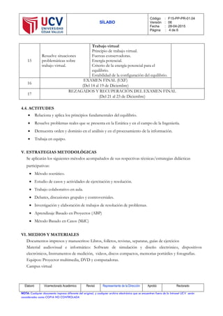 SÍLABO
Código : F15-PP-PR-01.04
Versión : 06
Fecha : 28-04-2015
Página : 4 de 6
Elaboró Vicerrectorado Académico Revisó Representante de la Dirección Aprobó Rectorado
NOTA: Cualquier documento impreso diferente del original, y cualquier archivo electrónico que se encuentren fuera de la Intranet UCV serán
considerados como COPIA NO CONTROLADA
15
Resuelve situaciones
problemáticas sobre
trabajo virtual.
Trabajo virtual
Principio de trabajo virtual.
Fuerzas conservadoras.
Energía potencial.
Criterio de la energía potencial para el
equilibrio.
Estabilidad de la configuración del equilibrio.
16
EXAMEN FINAL (EXF)
(Del 14 al 19 de Diciembre)
17
REZAGADOS Y RECUPERACIÒN DEL EXAMEN FINAL
(Del 21 al 23 de Diciembre)
4.4. ACTITUDES
 Relaciona y aplica los principios fundamentales del equilibrio.
 Resuelve problemas reales que se presenta en la Estática y en el campo de la Ingeniería.
 Demuestra orden y dominio en el análisis y en el procesamiento de la información.
 Trabaja en equipo.
V. ESTRATEGIAS METODOLÓGICAS
Se aplicarán los siguientes métodos acompañados de sus respectivas técnicas/estrategias didácticas
participativas:
 Método socrático.
 Estudio de casos y actividades de ejercitación y resolución.
 Trabajo colaborativo en aula.
 Debates, discusiones grupales y controversiales.
 Investigación y elaboración de trabajos de resolución de problemas.
 Aprendizaje Basado en Proyectos (ABP)
 Método Basado en Casos (MdC)
VI. MEDIOS Y MATERIALES
Documentos impresos y manuscritos: Libros, folletos, revistas, separatas, guías de ejercicios
Material audiovisual e informático: Software de simulación y diseño electrónico, dispositivos
electrónicos, Instrumentos de medición, videos, discos compactos, memorias portátiles y fotografías.
Equipos: Proyector multimedia, DVD y computadoras.
Campus virtual
 