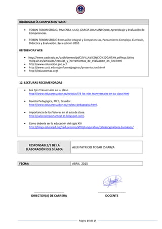 Página 14 de 14
BIBLIOGRAFÍA COMPLEMENTARIA:
 TOBON TOBON SERGIO, PIMIENTA JULIO, GARCIA JUAN ANTONIO; Aprendizaje y Evaluación de
Competencias.
 TOBON TOBON SERGIO Formación Integral y Competencias, Pensamiento Complejo, Currículo,
Didáctica y Evaluación. 3era edición 2010
REFERENCIAS WEB
 http://www.uasb.edu.ec/padh/centro/pdf2/VILLAVICENCIO%20GAITAN.pdfhttp://elea
rning.ari.es/articulos/tecnicas_y_herramientas_de_evaluacion_on_line.html
 http://www.educacion.gob.ec/
 http://www.uasb.edu.ec/reforma/paginas/presentacion.htm#
 http://educatemas.org/
12. LECTURAS RECOMENDADAS
 Los Ejes Trasversales en su clase.
http://www.educarecuador.ec/noticias/78-los-ejes-transversales-en-su-clase.html
 Revista Pedagógica, MEC, Ecuador.
http://www.educarecuador.ec/revista-pedagogica.html.
 Importancia de los Valores en el aula de clase.
http://valoresimportantes111.blogspot.com/.
 Como debería ser la educación del siglo XXI
http://blogs.educared.org/red-pronino/aftitptungurahua/category/valores-humanos/.
RESPONSABLE/S DE LA
ELABORACIÓN DEL SÍLABO:
ALEX PATRICIO TOBAR ESPARZA
FECHA: ABRIL 2015
……………………………….… ……………………………….
DIRECTOR(A) DE CARRERA DOCENTE
 