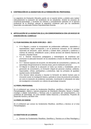 Página 3 de 14
3. CONTRIBUCIÓN DE LA ASIGNATURA EN LA FORMACIÓN DEL PROFESIONAL
La asignatura de Evaluación Educativa aporta con el soporte teórico y práctico para realizar
adecuadamente la evaluación del rendimiento de los estudiantes, durante los procesos de
enseñanza-aprendizaje; y reorientar los métodos y procedimientos aplicados en el ejercicio
profesional de la docencia; además la asignatura contribuirá para que los estudiantes
desarrollen una adecuada Práctica Preprofesionales Docente.
4. ARTICULACIÓN DE LA ASIGNATURA (R.A.) EN CORRESPONDENCIA CON LOS NIVELES DE
CONCRECIÓN DEL CURRÍCULO
4.1 PLAN NACIONAL DEL BUEN VIVIR 2013 – 2017.-
 3.1.b Regular y evaluar la incorporación de profesionales calificados, capacitados y
especializados, según corresponda y con la pertinencia necesaria, en los sistemas
nacionales de educación, salud, atención y cuidado diario, protección y asistencia a
víctimas de violencia, rehabilitación social y demás servicios del Sistema Nacional de
Inclusión y Equidad Social.
 4.2. e. Generar mecanismos pedagógicos y metodológicos de enseñanza que
promuevan la adecuada transición de los estudiantes a través los diferentes niveles de
educación.
 4.3. f. Generar espacios de encuentro, de intercambio de conocimientos y saberes y de
aprendizaje intergeneracional en diversas áreas, para la realización personal.
 4.4 Mejorar la calidad de la educación en todos sus niveles y modalidades, para la
generación de conocimiento y la formación integral de personas creativas, solidarias,
responsables, críticas, participativas y productivas, bajo los principios de igualdad,
equidad social y territorialidad
 4.6.a Generar oferta educativa e impulsar la formación de talento humano para la
innovación social, la investigación básica y aplicada en áreas de producción priorizadas,
así como la resolución de problemas nacionales, incentivando la articulación de redes
de investigación e innovación con criterios de aprendizaje incluyente.
4.2 PERFIL PROFESIONAL
Es el profesional que conoce los fundamentos filosóficos, científicos y técnicos en el área
Psicopedagógica; elabora y ejecuta programas de Orientación Educativa, Sexual y Familiar;
investiga y adapta Instrumentos y Técnicas para la exploración del comportamiento y los
problemas de aprendizaje, así como también realiza Asesorías y Consultorías, Proyectos de
Desarrollo Humano y del Buen Vivir.
4.3 PERFIL DE EGRESO
Es el profesional que conoce los fundamentos filosóficos, científicos y técnicos en el área
Psicopedagógica.
4.4 OBJETIVOS DE LA CARRERA
 Conocer los Fundamentos Filosóficos, Científicos y Técnicos en el Área Psicológica y
 