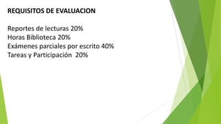 REQUISITOS DE EVALUACION
Reportes de lecturas 20%
Horas Biblioteca 20%
Exámenes parciales por escrito 40%
Tareas y Participación 20%

 