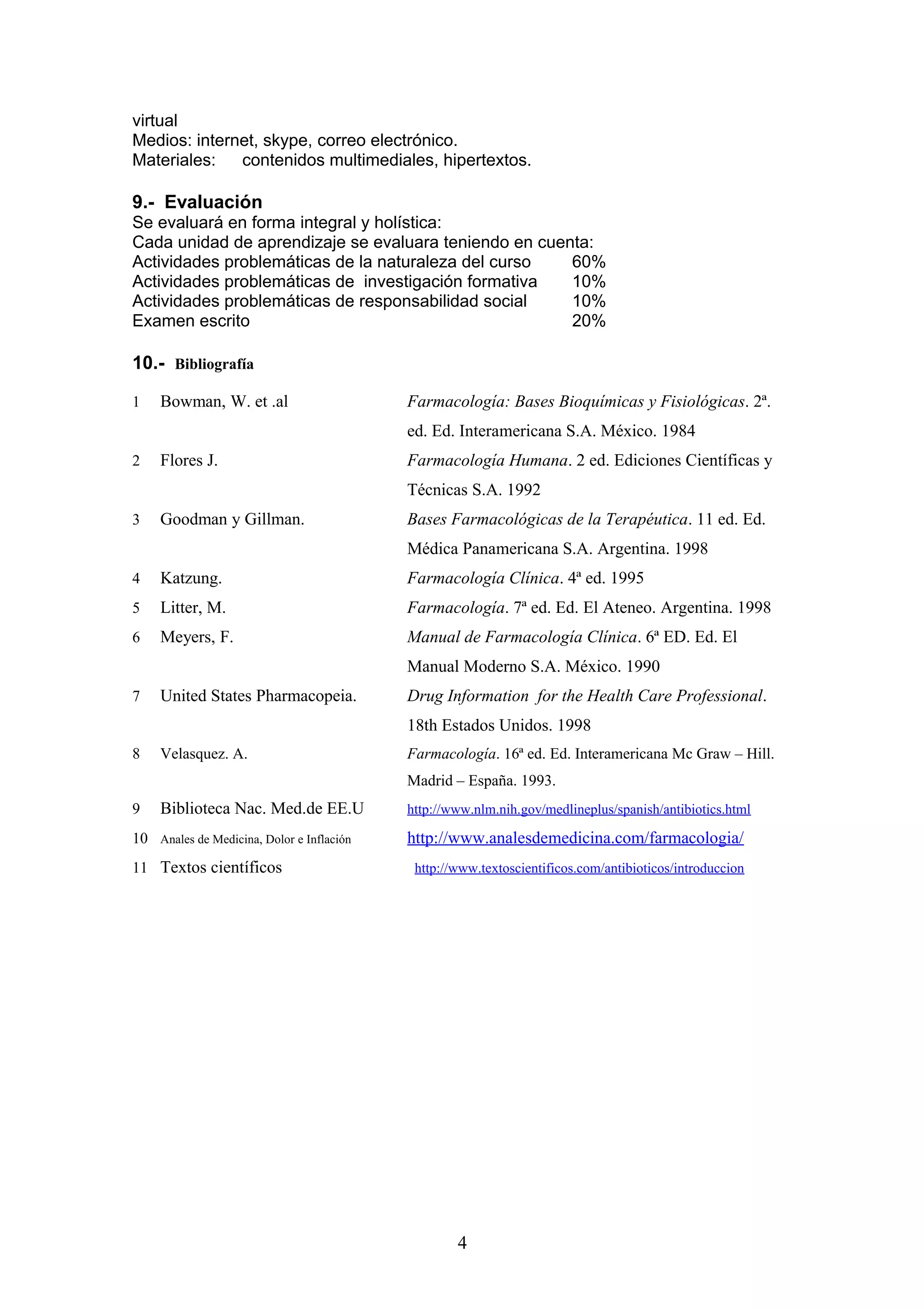 virtual
Medios: internet, skype, correo electrónico.
Materiales:   contenidos multimediales, hipertextos.

9.- Evaluación
Se evaluará en forma integral y holística:
Cada unidad de aprendizaje se evaluara teniendo en cuenta:
Actividades problemáticas de la naturaleza del curso   60%
Actividades problemáticas de investigación formativa   10%
Actividades problemáticas de responsabilidad social    10%
Examen escrito                                         20%

10.- Bibliografía

1    Bowman, W. et .al                     Farmacología: Bases Bioquímicas y Fisiológicas. 2ª.
                                           ed. Ed. Interamericana S.A. México. 1984
2    Flores J.                             Farmacología Humana. 2 ed. Ediciones Científicas y
                                           Técnicas S.A. 1992
3    Goodman y Gillman.                    Bases Farmacológicas de la Terapéutica. 11 ed. Ed.
                                           Médica Panamericana S.A. Argentina. 1998
4    Katzung.                              Farmacología Clínica. 4ª ed. 1995
5    Litter, M.                            Farmacología. 7ª ed. Ed. El Ateneo. Argentina. 1998
6    Meyers, F.                            Manual de Farmacología Clínica. 6ª ED. Ed. El
                                           Manual Moderno S.A. México. 1990
7    United States Pharmacopeia.           Drug Information for the Health Care Professional.
                                           18th Estados Unidos. 1998
8    Velasquez. A.                         Farmacología. 16ª ed. Ed. Interamericana Mc Graw – Hill.
                                           Madrid – España. 1993.
9    Biblioteca Nac. Med.de EE.U           http://www.nlm.nih.gov/medlineplus/spanish/antibiotics.html

10 Anales de Medicina, Dolor e Inflación   http://www.analesdemedicina.com/farmacologia/
11 Textos científicos                       http://www.textoscientificos.com/antibioticos/introduccion




                                                   4
 
