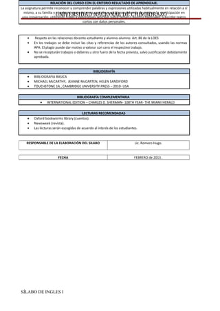 UNIVERSIDAD NACIONAL DE CHIMBORAZO
• Respeto en las relaciones docente-estudiante y alumno-alumno. Art. 86 de la LOES
• En los trabajos se debe incluir las citas y referencias de los autores consultados, usando las normas
APA. El plagio puede dar motivo a valorar con cero el respectivo trabajo.
• No se receptarán trabajos o deberes u otro fuero de la fecha prevista, salvo justificación debidamente
aprobada.
BIBLIOGRAFÍA
• BIBLIOGRAFIA BASICA
• MICHAEL McCARTHY, JEANNE McCARTEN, HELEN SANDIFORD
• TOUCHSTONE 1A , CAMBRIDGE UNIVERSITY PRESS – 2010- USA
BIBLIOGRAFÍA COMPLEMENTARIA
• INTERNATIONAL EDITION – CHARLES D. SHERMAN- 108TH YEAR- THE MIAMI HERALD
LECTURAS RECOMENDADAS
• Oxford bookworms library (cuentos).
• Newsweek (revista).
• Las lecturas serán escogidas de acuerdo al interés de los estudiantes.
RESPONSABLE DE LA ELABORACIÓN DEL SILABO Lic. Romero Hugo.
FECHA FEBRERO de 2013 .
SÍLABO DE INGLES I
RELACIÓN DEL CURSO CON EL CRITERIO RESULTADO DE APRENDIZAJE.
La asignatura permite reconocer y comprender palabras y expresiones utilizadas habitualmente en relación a sí
mismo, a su familia y el entorno como letreros, carteles y catálogos. Además de motivar la participación en
una conversación, utilizando frases y expresiones sencillas sobre temas o asuntos habituales, y escribir textos
cortos con datos personales.
 