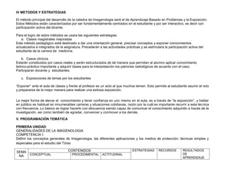 IV METODOS Y ESTRATEGIAS
El método principal del desarrollo de la catedra de Imagenologia será el de Aprendizaje Basado en Problemas y la Exposición.
Estos Métodos están caracterizados por ser fundamentalmente centrados en el estudiante y por ser interactivo, es decir con
participación activa del dicente.
Para el logro de estos métodos se usara las siguientes estrategias:
a. Clases magistrales mejoradas
Este método pedagógico está destinado a dar una orientación general, precisar conceptos y exponer conocimientos
actualizados e integrados de la asignatura. Precederán a las actividades prácticas y se estimulará la participación activa del
estudiante de la carrera de medicina.
b. Casos clínicos
Estarán constituidos por casos reales y serán estructurados de tal manera que permitan al alumno aplicar conocimiento
teórico-práctico importante y adquirir bases para la interpretación los patrones radiológicos de acuerdo con el caso.
Participaran docente y estudiantes.
c. Exposiciones de temas por los estudiantes
“Exponer” ante el aula de clases y frente al profesor es un acto al que muchos temen. Esto permite al estudiante asumir el reto
y prepararse de la mejor manera para realizar una exitosa exposición.
La mejor forma de elevar el conocimiento y tener confianza en uno mismo en el aula, es a través de “la exposición”, y hablar
en público es habitual en innumerables carreras y situaciones cotidianas, razón por la cuál es importante recurrir a esta técnica
con frecuencia. Lo básico es lograr hacerlo con elocuencia siendo capaz de comunicar el conocimiento adquirido a través de la
investigación, así como también de agradar, convencer y conmover a los demás.
V. PROGRAMACIÓN TEMÁTICA
PRIMERA UNIDAD:
GENERALIDADES DE LA IMAGENOLOGIA
COMPETENCIA I:
Definir los conceptos generales de Imagenologia, las diferentes aplicaciones y los medios de protección; técnicas simples y
especiales para el estudio del Tórax
SEMA
NA
CONTENIDOS ESTRATEGIAS RECURSOS RESULTADOS
DE
APRENDIZAJE
CONCEPTUAL PROCEDIMENTAL ACTITUDINAL
 