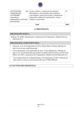 11. BIBLIOGRAFÍA
12. LECTURAS RECOMENDADAS
ACTIVIDADES DE
APRENDIZAJE
AUTÓNOMO
(Aprendizaje
independiente e individual
del estudiante)
Lectura, análisis y compresión de materiales
bibliográﬁcos y documentales tanto analógicos
como digitales, generación de datos y búsqueda de
información, elaboración individual de ensayos,
trabajos y exposiciones.
30
Total 100%
BIBLIOGRAFÍA BÁSICA:
· Stallings, W. (2006). Organización y Arquitectura de Computadores. Madrid: Pearson
Educación S.A.
BIBLIOGRAFÍA COMPLEMENTARIA:
• Cuaresma, S. B. (9 de Septiembre de 2014). Manual Básico Ubuntu. Obtenido de
http://www.uls.edu.sv/pdf/ubuntu.pdf
• Cursos Multimedia. (9 de Septiembre de 2014). Cursos Multimedia. Obtenido de
http://www.cursosmultimedia.org/moodle/CursodeExcel2013/manual_excel2013.pdf ·
Morris, M. (2007). Arquitectura de Computadoras. Madrid: Pearson Educación S.A.
· Universidad Autónoma de Madrid España. (9 de Septiembre de 2014). Obtenido de
http://arantxa.ii.uam.es/~ig/teoria/temas/IG_tema-5-2008-2009.pdf.
Página  de12
13
 