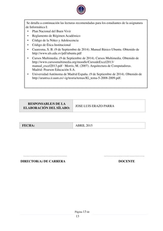 Se detalla a continuación las lecturas recomendadas para los estudiantes de la asignatura
de Informática I:
• Plan Nacional del Buen Vivir
• Reglamento de Régimen Académico
• Código de la Niñez y Adolescencia
• Código de Ética Institucional
• Cuaresma, S. B. (9 de Septiembre de 2014). Manual Básico Ubuntu. Obtenido de
http://www.uls.edu.sv/pdf/ubuntu.pdf
• Cursos Multimedia. (9 de Septiembre de 2014). Cursos Multimedia. Obtenido de
http://www.cursosmultimedia.org/moodle/CursodeExcel2013/
manual_excel2013.pdf · Morris, M. (2007). Arquitectura de Computadoras.
Madrid: Pearson Educación S.A.
• Universidad Autónoma de Madrid España. (9 de Septiembre de 2014). Obtenido de
http://arantxa.ii.uam.es/~ig/teoria/temas/IG_tema-5-2008-2009.pdf.
RESPONSABLE/S DE LA
ELABORACIÓN DEL SÍLABO:
JOSE LUIS ERAZO PARRA
FECHA: ABRIL 2015
……………………………….… ……………………………….
DIRECTOR(A) DE CARRERA DOCENTE
Página  de13
13
 