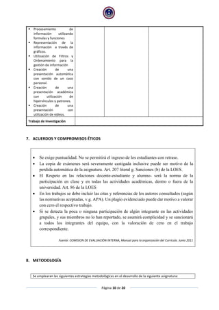 Página 10 de 20
7. ACUERDOS Y COMPROMISOS ÉTICOS
 Se exige puntualidad. No se permitirá el ingreso de los estudiantes con retraso.
 La copia de exámenes será severamente castigada inclusive puede ser motivo de la
perdida automática de la asignatura. Art. 207 literal g. Sanciones (b) de la LOES.
 El Respeto en las relaciones docente-estudiante y alumno- será la norma de la
participación en clase y en todas las actividades académicas, dentro o fuera de la
universidad. Art. 86 de la LOES
 En los trabajos se debe incluir las citas y referencias de los autores consultados (según
las normativas aceptadas, v.g. APA). Un plagio evidenciado puede dar motivo a valorar
con cero el respectivo trabajo.
 Si se detecta la poca o ninguna participación de algún integrante en las actividades
grupales, y sus miembros no lo han reportado, se asumirá complicidad y se sancionará
a todos los integrantes del equipo, con la valoración de cero en el trabajo
correspondiente.
Fuente: COMISION DE EVALUACIÓN INTERNA, Manual para la organización del Currículo. Junio 2011
8. METODOLOGÍA
Se emplearan las siguientes estrategias metodológicas en el desarrollo de la siguiente asignatura:
 Procesamiento de
información utilizando
formulas y funciones
 Representación de la
información a través de
gráficos.
 Utilización de Filtros y
Ordenamiento para la
gestión de información
 Creación de una
presentación automática
con sonido de un caso
personal.
 Creación de una
presentación académica
con utilización de
hipervínculos y patrones.
 Creación de una
presentación con
utilización de videos.
Trabajo de Investigación
 