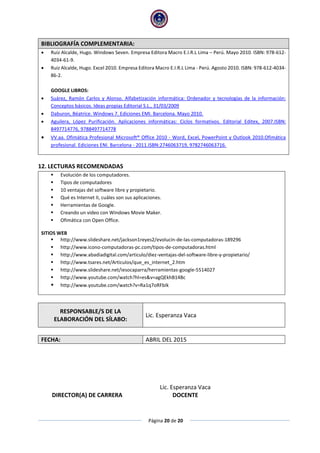 Página 20 de 20
BIBLIOGRAFÍA COMPLEMENTARIA:
 Ruiz Alcalde, Hugo. Windows Seven. Empresa Editora Macro E.I.R.L Lima – Perú. Mayo 2010. ISBN: 978-612-
4034-61-9.
 Ruiz Alcalde, Hugo. Excel 2010. Empresa Editora Macro E.I.R.L Lima - Perú. Agosto 2010. ISBN: 978-612-4034-
86-2.
GOOGLE LIBROS:
 Suárez, Ramón Carlos y Alonso. Alfabetización informática: Ordenador y tecnologías de la información:
Conceptos básicos. Ideas propias Editorial S.L., 31/03/2009
 Daburon, Béatrice. Windows 7. Ediciones EMI. Barcelona. Mayo 2010.
 Aguilera, López Purificación. Aplicaciones informáticas: Ciclos formativos. Editorial Editex, 2007.ISBN:
8497714776, 9788497714778
 VV.aa. Ofimática Profesional Microsoft® Office 2010 - Word, Excel, PowerPoint y Outlook 2010.Ofimática
profesional. Ediciones ENI. Barcelona - 2011.ISBN:2746063719, 9782746063716.
12. LECTURAS RECOMENDADAS
 Evolución de los computadores.
 Tipos de computadores
 10 ventajas del software libre y propietario.
 Qué es Internet II, cuáles son sus aplicaciones.
 Herramientas de Google.
 Creando un video con Windows Movie Maker.
 Ofimática con Open Office.
SITIOS WEB
 http://www.slideshare.net/jackson1reyes2/evolucin-de-las-computadoras-189296
 http://www.icono-computadoras-pc.com/tipos-de-computadoras.html
 http://www.abadiadigital.com/articulo/diez-ventajas-del-software-libre-y-propietario/
 http://www.tsares.net/Articulos/que_es_internet_2.htm
 http://www.slideshare.net/iesocaparra/herramientas-google-5514027
 http://www.youtube.com/watch?hl=es&v=agQEkhB14Bc
 http://www.youtube.com/watch?v=Ra1q7oRFbIk
RESPONSABLE/S DE LA
ELABORACIÓN DEL SÍLABO:
Lic. Esperanza Vaca
FECHA: ABRIL DEL 2015
Lic. Esperanza Vaca
DIRECTOR(A) DE CARRERA DOCENTE
 
