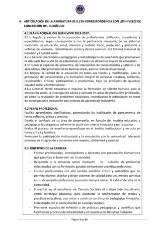 Página 3 de 14
4. ARTICULACIÓN DE LA ASIGNATURA (R.A.) EN CORRESPONDENCIA CON LOS NIVELES DE
CONCRECIÓN DEL CURRÍCULO
4.1 PLAN NACIONAL DEL BUEN VIVIR 2013-2017:
3.1.b Regular y evaluar la incorporación de profesionales calificados, capacitados y
especializados, según corresponda y con la pertinencia necesaria, en los sistemas
nacionales de educación, salud, atención y cuidado diario, protección y asistencia a
víctimas de violencia, rehabilitación social y demás servicios del Sistema Nacional de
Inclusión y Equidad Social.
4.2.e Generar mecanismos pedagógicos y metodológicos de enseñanza que promuevan
la adecuada transición de los estudiantes a través los diferentes niveles de educación.
4.3.f Generar espacios de encuentro, de intercambio de conocimientos y saberes y de
aprendizaje intergeneracional en diversas áreas, para la realización personal.
4.4 Mejorar la calidad de la educación en todos sus niveles y modalidades, para la
generación de conocimiento y la formación integral de personas creativas, solidarias,
responsables, críticas, participativas y productivas, bajo los principios de igualdad,
equidad social y territorialidad.
4.6.a Generar oferta educativa e impulsar la formación de talento humano para la
innovación social, la investigación básica y aplicada en áreas de producción priorizadas,
así como la resolución de problemas nacionales, incentivando la articulación de redes
de investigación e innovación con criterios de aprendizaje incluyente.
4.2 PERFIL PROFESIONAL
Facilita aprendizajes significativos, potenciando las habilidades de pensamiento de
forma reflexiva, crítica y creativa.
Diseña el currículo de su área de desempeño, en función del modelo educativo y
pedagógico, las exigencias del entorno social con criterio innovador y participativo
Evalúa el proceso de enseñanza-aprendizaje en el ámbito institucional y en aula en
forma crítica y holística.
Promueve la participación institucional y la vinculación con la comunidad, liderando
procesos de integración y consensos con respeto, solidaridad y equidad.
4.3 OBJETIVOS DE LA CARRERA
- Formar profesionales, investigadores y docentes con preparación humanística
que garantice el buen vivir en la sociedad.
- Responder a la demanda social, mediante la solución de problemas
relacionados con su formación, guiados siempre por una ética profesional.
- Formar profesionales con alto sentido analítico, crítico y autocrítico que les
permita planear, diseñar y dirigir sistemas de calidad para una mejora continua
en su desempeño profesional, buscando siempre elevar la calidad de vida de la
comunidad.
- Fomentar en el estudiante de Ciencias Sociales el trabajo interdisciplinario,
como estrategia educativa, para posibilitar la confrontación de teorías y
prácticas educativas, con miras a construir un discurso pedagógico innovador,
relacionado con el conocimiento en Ciencias Sociales.
- Promover espacios de reflexión y de prácticas pedagógicas y científicas que
faciliten los procesos de educabilidad y el respeto a los derechos humanos.
 