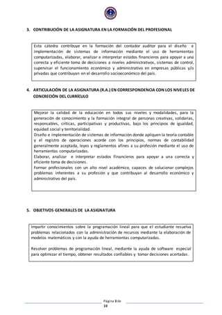 Página 3 de
10
3. CONTRIBUCIÓN DE LA ASIGNATURA EN LA FORMACIÓN DEL PROFESIONAL
Esta cátedra contribuye en la formación del contador auditor para el diseño e
implementación de sistemas de información mediante el uso de herramientas
computarizadas, elaborar, analizar e interpretar estados financieros para apoyar a una
correcta y eficiente toma de decisiones a niveles administrativos, sistemas de control,
supervisar el funcionamiento económico y administrativo en empresas públicas y/o
privadas que contribuyan en el desarrollo socioeconómico del país.
4. ARTICULACIÓN DE LA ASIGNATURA (R.A.) EN CORRESPONDENCIA CON LOS NIVELES DE
CONCRECIÓN DEL CURRÍCULO
Mejorar la calidad de la educación en todos sus niveles y modalidades, para la
generación de conocimiento y la formación integral de personas creativas, solidarias,
responsables, críticas, participativas y productivas, bajo los principios de igualdad,
equidad social y territorialidad.
Diseño e implementación de sistemas de información donde apliquen la teoría contable
y el registro de operaciones acorde con los principios, normas de contabilidad
generalmente aceptada, leyes y reglamentos afines a su profesión mediante el uso de
herramientas computarizadas.
Elaborar, analizar e interpretar estados Financieros para apoyar a una correcta y
eficiente toma de decisiones.
Formar profesionales con un alto nivel académico, capaces de solucionar complejos
problemas inherentes a su profesión y que contribuyan al desarrollo económico y
administrativo del país.
5. OBJETIVOS GENERALES DE LA ASIGNATURA
Impartir conocimientos sobre la programación lineal para que el estudiante resuelva
problemas relacionados con la administración de recursos mediante la elaboración de
modelos matemáticos y con la ayuda de herramientas computarizadas.
Resolver problemas de programación lineal, mediante la ayuda de software especial
para optimizar el tiempo, obtener resultados confiables y tomar decisiones acertadas.
 