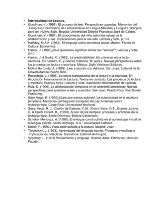 • Internacional de Lectura.
• Goodman, K. (1999). El proceso de leer: Perspectivas opuestas. Memorias del
Congreso Colombiano de Lectoescritura en Lengua Materna y Lengua Extranjera
para un Nuevo Siglo. Bogotá: Universidad Distrital Francisco José de Caldas.
• Goodman, Y. (1991). El conocimiento del niño sobre las raíces de la
alfabetización y sus implicaciones para la escuela. Lectura y Vida, p. 5-9.
• Halliday, M.A.K. (1982). El lenguaje como semiótica social. México: Fondo de
Cultura Económica.
• Harste, J. (1990)¿Qué queremos significar ahora con “lectura”?. Lectura y Vida,
5-10.
• Harste, J. & Burke, C. (1982). La predictabilidad: Un universal en la lecto-
escritura. En Ferreiro, E. y Gómez Palacios, M. (eds.), Nuevas perspectivas sobre
los procesos de lectura y escritura. México: Siglo Veintiuno Editores.
• Molina Iturrondo, A. (1999). Leer y escribir con Adriana. San Juan: Editorial de la
Universidad de Puerto Rico.
• Rosenblatt, L. (1996). La teoría transaccional de la lectura y la escritura. En
Asociación Internacional de Lectura, Textos en contexto: Los procesos de lectura
y escritura. Buenos Aires: Lectura y Vida- Asociación Internacional de Lectura.
• Ruiz, D. (1996). La alfabetización temprana en el ambiente preescolar: Nuevas
perspectivas para aprender a leer y a escribir. San Juan, Puerto Rico: First Books
Publishing.
• Sáez Vega, R. (1995)¡Claro que somos autores!: La autenticidad en la escritura
temprana. Memorias del Segundo Congreso de Las Américas sobre
lectoescritura. Costa Rica: Universidad Nacional.
• Sáez, Vega, R. J., Cintrón de Esteves, C.M., Rivera Viera, D.T., Guerra Lozano,
C. & Ojeda O’neill, M., (1999). Al son de los tiempos: procesos y prácticas de la
lectoescritura. Santo Domingo: Editora Centenario.
• Scheker Mendoza, A. (1996). El enfoque constructivita en el aprendizaje inicial de
la lengua escrita. Santo Domingo, R.D.: Universidad Católica.
• Smith, F. (1990). Para darle sentido a la lectura. Madrid: Visor.
• Tolchinsky, L. (1993). Aprendizaje del lenguaje escrito: Procesos evolutivos e
implicaciones didácticas. Barcelona: Editorial Anthropos.
• Vygotsky, L. (1993) Pensamiento y lenguaje. Buenos Aires: Ediciones Librerías
Fausto.
 