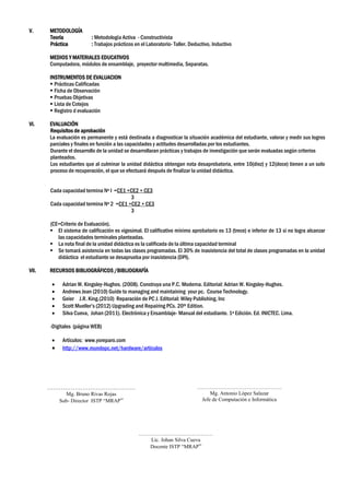 V. METODOLOGÍA
Teoría : Metodología Activa - Constructivista
Práctica : Trabajos prácticos en el Laboratorio- Taller. Deductivo, Inductivo
MEDIOS Y MATERIALES EDUCATIVOS
Computadora, módulos de ensamblaje, proyector multimedia, Separatas.
INSTRUMENTOS DE EVALUACION
 Prácticas Calificadas
 Ficha de Observación
 Pruebas Objetivas
 Lista de Cotejos
 Registro d evaluación
VI. EVALUACIÓN
Requisitos de aprobación
La evaluación es permanente y está destinada a diagnosticar la situación académica del estudiante, valorar y medir sus logros
parciales y finales en función a las capacidades y actitudes desarrolladas por los estudiantes.
Durante el desarrollo de la unidad se desarrollaran prácticas y trabajos de investigación que serán evaluadas según criterios
planteados.
Los estudiantes que al culminar la unidad didáctica obtengan nota desaprobatoria, entre 10(diez) y 12(doce) tienen a un solo
proceso de recuperación, el que se efectuará después de finalizar la unidad didáctica.
Cada capacidad termina Nº l =CE1 +CE2 + CE3
3
Cada capacidad termina Nº 2 =CE1 +CE2 + CE3
3
(CE=Criterio de Evaluación).
 El sistema de calificación es vigesimal. El calificativo mínimo aprobatorio es 13 (trece) e inferior de 13 si no logra alcanzar
las capacidades terminales planteadas.
 La nota final de la unidad didáctica es la calificada de la última capacidad terminal
 Se tomará asistencia en todas las clases programadas. El 30% de inasistencia del total de clases programadas en la unidad
didáctica el estudiante se desaprueba por inasistencia (DPI).
VII. RECURSOS BIBLIOGRÁFICOS /BIBLIOGRAFÍA
 Adrian W. Kingsley-Hughes. (2008). Construya una P.C. Moderna. Editorial: Adrian W. Kingsley-Hughes.
 Andrews Jean (2010) Guide to managing and maintaining your pc. Course Technology.
 Geier J.R. King.(2010) Reparación de PC J. Editorial: Wiley Publishing, Inc
 Scott Mueller’s (2012) Upgrading and Repairing PCs. 20th Edition.
 Silva Cueva, Johan (2011). Electrónica y Ensamblaje- Manual del estudiante. 1ª Edición. Ed. INICTEC. Lima.
-Digitales (página WEB)
 Artículos: www.yoreparo.com
 http://www.mundopc.net/hardware/artículos
………………………………………
Mg. Bruno Rivas Rojas
Sub- Director ISTP “MRAP”
…………………………………………
Mg. Antonio López Salazar
Jefe de Computación e Informática
……………………………………
Lic. Johan Silva Cueva
Docente ISTP “MRAP”
 