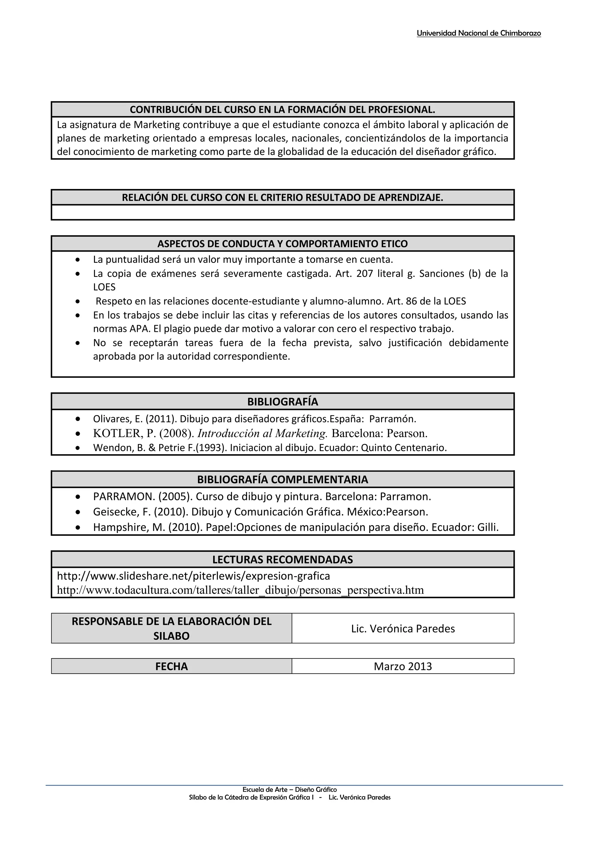 Universidad Nacional de Chimborazo
Escuela de Arte – Diseño Gráfico
Sílabo de la Cátedra de Expresión Gráfica I - Lic. Verónica Paredes
CONTRIBUCIÓN DEL CURSO EN LA FORMACIÓN DEL PROFESIONAL.
La asignatura de Marketing contribuye a que el estudiante conozca el ámbito laboral y aplicación de
planes de marketing orientado a empresas locales, nacionales, concientizándolos de la importancia
del conocimiento de marketing como parte de la globalidad de la educación del diseñador gráfico.
RELACIÓN DEL CURSO CON EL CRITERIO RESULTADO DE APRENDIZAJE.
ASPECTOS DE CONDUCTA Y COMPORTAMIENTO ETICO
 La puntualidad será un valor muy importante a tomarse en cuenta.
 La copia de exámenes será severamente castigada. Art. 207 literal g. Sanciones (b) de la
LOES
 Respeto en las relaciones docente-estudiante y alumno-alumno. Art. 86 de la LOES
 En los trabajos se debe incluir las citas y referencias de los autores consultados, usando las
normas APA. El plagio puede dar motivo a valorar con cero el respectivo trabajo.
 No se receptarán tareas fuera de la fecha prevista, salvo justificación debidamente
aprobada por la autoridad correspondiente.
BIBLIOGRAFÍA
 Olivares, E. (2011). Dibujo para diseñadores gráficos.España: Parramón.
 KOTLER, P. (2008). Introducción al Marketing. Barcelona: Pearson.
 Wendon, B. & Petrie F.(1993). Iniciacion al dibujo. Ecuador: Quinto Centenario.
BIBLIOGRAFÍA COMPLEMENTARIA
 PARRAMON. (2005). Curso de dibujo y pintura. Barcelona: Parramon.
 Geisecke, F. (2010). Dibujo y Comunicación Gráfica. México:Pearson.
 Hampshire, M. (2010). Papel:Opciones de manipulación para diseño. Ecuador: Gilli.
LECTURAS RECOMENDADAS
http://www.slideshare.net/piterlewis/expresion-grafica
http://www.todacultura.com/talleres/taller_dibujo/personas_perspectiva.htm
RESPONSABLE DE LA ELABORACIÓN DEL
SILABO
Lic. Verónica Paredes
FECHA Marzo 2013
 
