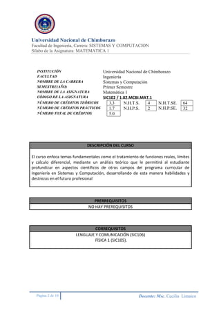 Universidad Nacional de Chimborazo
Facultad de Ingeniería, Carrera: SISTEMAS Y COMPUTACION
Sílabo de la Asignatura: MATEMATICA 1
Página 2 de 10 Docente: Msc. Cecilia Limaico
INSTITUCIÓN Universidad Nacional de Chimborazo
FACULTAD Ingeniería
NOMBRE DE LA CARRERA Sistemas y Computación
SEMESTRE(AÑO) Primer Semestre
NOMBRE DE LA ASIGNATURA Matemática 1
CÓDIGO DE LA ASIGNATURA SIC102 / 1.02.MCBI.MAT.1
NÚMERO DE CRÉDITOS TEÓRICOS 3,3 N.H.T.S. 4 N.H.T.SE.
N.H.P.SE.
64
NÚMERO DE CRÉDITOS PRÁCTICOS 1.7 N.H.P.S. 2 32
NÚMERO TOTAL DE CRÉDITOS 5.0
DESCRIPCIÓN DEL CURSO
El curso enfoca temas fundamentales como el tratamiento de funciones reales, límites
y cálculo diferencial, mediante un análisis teórico que le permitirá al estudiante
profundizar en aspectos científicos de otros campos del programa curricular de
Ingeniería en Sistemas y Computación, desarrollando de esta manera habilidades y
destrezas en el futuro profesional
PRERREQUISITOS
NO HAY PREREQUISITOS
CORREQUISITOS
LENGUAJE Y COMUNICACIÓN (SIC106)
FÍSICA 1 (SIC105).
 