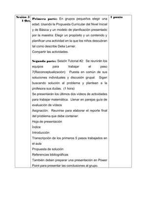 Sesión 5
1 punto
Primera parte: En grupos pequeños elegir una
4 Oct.
edad. Usando la Propuesta Curricular del Nivel Inicial
y de Básica y un modelo de planificación presentado
por la maestra: Elegir un propósito y un contenido y
planificar una actividad en la que los niños descubran
tal como describe Delia Lerner.
Compartir las actividades.
Segunda parte: Sesión Tutorial #2: Se reunirán los
equipos

para

7(Reconceptualización):

trabajar

el

paso

Puesta en común de sus

soluciones individuales y discusión grupal.

Sigan

buscando solución al problema y planteen a la
profesora sus dudas. (1 hora)
Se presentarán los últimos dos vídeos de actividades
para trabajar matemática. Llenar en parejas guía de
evaluación de vídeos
Asignación: Reunirse para elaborar el reporte final
del problema que debe contener:
Hoja de presentación
Índice
Introducción
Transcripción de los primeros 5 pasos trabajados en
el aula
Propuesta de solución
Referencias bibliográficas
También deben preparar una presentación en Power
Point para presentar las conclusiones al grupo.

 