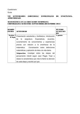 Cuestionario
Guías
VII ACTIVIDADES
APRENDIZAJE

ASOCIADAS/

ESTRATEGIAS

DE

ENSEÑANZA-

MATEMÁTICA EN LA EDUCACION TEMPRANA
CRONOGRAMA SEMESTRE SEPTIEMBRE-DICIEMBRE 2013
SESIÓN
FECHA

ACTIVIDAD

Sesión 1
Presentación estudiantes y facilitadora. Introducción
6 Sept.
de
la
asignatura.
Expectativas,
acuerdos.
Levantamiento de conocimientos y experiencias
previas

con

matemática.

relación

a

la

Conversación

enseñanza
sobre

de

la

definiciones

matemáticas y aplicación de ésta a la vida diaria.
Asignación:

investigar

sobre

las

etapas

del

pensamiento infantil según Jean Piaget. Traer a
clases la característica que más le llamó la atención
de cada etapa y escribir por qué.

PUNTOS
EVALUACI
ÓN
1 punto

 