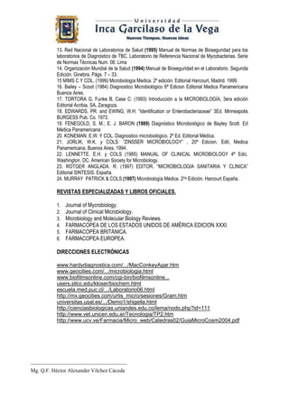 13. Red Nacional de Laboratorios de Salud (1995) Manual de Normas de Bioseguridad para los
           laboratorios de Diagnóstico de TBC. Laboratorio de Referencia Nacional de Mycobacterias. Serie
           de Normas Técnicas Num. 08. Lima
           14. Organización Mundial de la Salud (1994) Manual de Bioseguridad en el Laboratorio. Segunda
           Edición. Ginebra. Págs. 7 – 33.
           15 MIMS C Y COL. (1999) Microbiología Medica. 2º edición. Editorial Harcourt, Madrid. 1999.
           16. Bailey – Scoot (1984) Diagnostico Microbiológico 6ª Edicion Editorial Medica Panamericana
           Buenos Aires.
           17. TORTORA G, Funke B, Case C: (1993) Introducción a la MICROBIOLOGÍA, 3era edición
           Editorial Acribia, SA, Zaragoza.
           18. EDWARDS, PR. and EWING, W.H. “Identification or Enterobacteriaceae” 3Ed. Minneapolis
           BURGESS Pub. Co. 1972.
           19. FENEGOLD, S. M.; E. J. BARON (1989) Diagnóstico Microbiológico de Bayley Scott. Ed
           Médica Panamericana
           20. KONEMAN. E.W. Y COL. Diagnostico microbiológico. 2º Ed. Editorial Médica.
           21. JORLIK, W.K. y COLS: “ZINSSER MICROBIOLOGY” , 20º Edicion. Edit, Medica
           Panamericana, Buenos Aires. 1994.
           22. LENNETTE. E.H. y COLS (1985) MANUAL OF CLINICAL MICROBIOLOGY 4ª Edic.
           Washington. DC. American Society for Microbiology.
           23. ROTGER ANGLADA. R. (1997) EDITOR. “MICROBIOLOGIA SANITARIA Y CLINICA”
           Editorial SINTESIS. España.
           24. MURRAY PATRICK & COLS (1997) Microbiología Médica. 2Da Edición. Harcourt España.

           REVISTAS ESPECIALIZADAS Y LIBROS OFICIALES.

           1.   Journal of Mycrobiology.
           2.   Journal of Clinical Microbiology.
           3.   Microbiology and Molecular Biology Reviews.
           4.   FARMACOPEA DE LOS ESTADOS UNIDOS DE AMÉRICA EDICION XXXI.
           5.   FARMACOPEA BRITÁNICA.
           6.   FARMACOPEA EUROPEA.

           DIRECCIONES ELECTRÓNICAS

           www.hardydiagnostics.com/.../MacConkeyAgar.htm
           www.geocities.com/.../microbiologia.html
           www.biofilmsonline.com/cgi-bin/biofilmsonline...
           users.stlcc.edu/kkiser/biochem.html
           escuela.med.puc.cl/.../Laboratorio06.html
           http://mx.geocities.com/urtis_micro/sesiones/Gram.htm
           universitas.usal.es/.../Demo1/shigella.html
           http://cienciasbiologicas.uniandes.edu.co/lema/nodo.php?id=111
           http://www.vet.unicen.edu.ar/Tecnologia/TP2.htm
           http://www.ucv.ve/Farmacia/Micro_web/Catedras02/GuiaMicroCosm2004.pdf




____________________________________
Mg. Q.F. Héctor Alexander Vilchez Cáceda
 