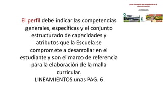 El perfil debe indicar las competencias
generales, específicas y el conjunto
estructurado de capacidades y
atributos que la Escuela se
compromete a desarrollar en el
estudiante y son el marco de referencia
para la elaboración de la malla
curricular.
LINEAMIENTOS unas PAG. 6
 