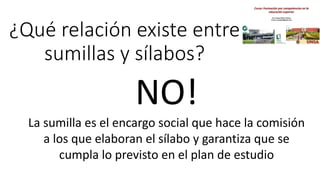 ¿Qué relación existe entre
sumillas y sílabos?
• La sumilla es el resumen de los contenidos del curso que manejo en mi silabo.
• La sumilla la elabora el Departamento que responde por el sílabo.
• La sumilla no es necesaria para elaborar el sílabo
NO!
La sumilla es el encargo social que hace la comisión
a los que elaboran el sílabo y garantiza que se
cumpla lo previsto en el plan de estudio
 