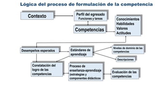 Competencias
Desempeños esperados
Lógica del proceso de formulación de la competencia
Niveles de dominio de las
competenciasEstándares de
aprendizaje
Descripciones
Constatación del
logro de las
competencias
Conocimientos
Habilidades
Valores
Actitudes
Evaluación de las
competencias
Proceso de
enseñanza-aprendizaje
(estrategias y
componentes didácticos
Perfil del egresado
Funciones y tareas
Contexto
 