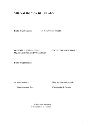 VIII. VALIDACIÓN DEL SÍLABO
Fecha de elaboración: 26 de septiembre del 2016
---------------------------------------- ------------------------------------------
DOCENTE PLANIFICADOR 1 DOCENTE PLANIFICADOR 2
Mgt. MARCO POLO SILVA SEGOVIA
Fecha de aprobación:
------------------------------ -------------------------------
Dr. Hugo Carrasco P. Bioq. Mg. Martha Ramos R.
Coordinador de Área Coordinador de Carrera
14
Dr. Mg. Jorge Morales S.
Subdecano de la Facultad
-----------------------------------
 