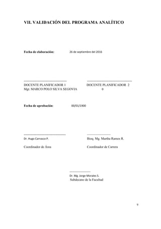 VII. VALIDACIÓN DEL PROGRAMA ANALÍTICO
Fecha de elaboración: 26 de septiembre del 2016
---------------------------------------- ------------------------------------------
DOCENTE PLANIFICADOR 1 DOCENTE PLANIFICADOR 2
Mgt. MARCO POLO SILVA SEGOVIA 0
Fecha de aprobación: 00/01/1900
--------------------------------------- --------------------------
Dr. Hugo Carrasco P. Bioq. Mg. Martha Ramos R.
Coordinador de Área Coordinador de Carrera
-----------------------
Dr. Mg. Jorge Morales S.
9
Subdecano de la Facultad
 