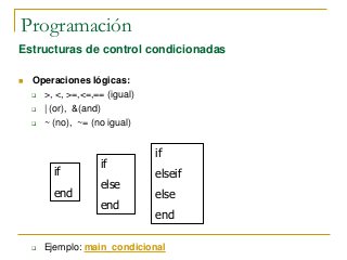 Programación
Estructuras de control condicionadas
 Operaciones lógicas:
 >, <, >=,<=,== (igual)
 | (or), &(and)
 ~ (no), ~= (no igual)
 Ejemplo: main_condicional
if
end
if
else
end
if
elseif
else
end
 