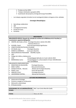 Universidad Nacional de Chimborazo
Escuela de Educación Parvularia e Inicial
Sílabo de la Cátedra de Psicologia Educativa
Pruebas escritas (30%)
Trabajos individuales y grupales (20%)
Sustentación del proyecto y Entrega del ensayo final (40%)
- Los trabajos asignados (incluidos los de investigación) deben entregarse el día señalado.
Estrategias Metodológicas
Aprendizaje colaborativo
ABP
Investigación formativa
Estudio de Casos
Portafolio
BIBLIOGRAFÍA
BIBLIOGRAFÍA BÁSICA: Después de revisado los archivos de la Biblioteca de la Facultad, se
recomienda la siguiente bibliografía:
ONOFRE, Bermúdez y Otros Psicología Educativa I edición Año 2001
Impresos Nueva Luz
AUSUBEL, David Teoría del Aprendizaje Significativo
CONSTITUCIÓN POLÍTICA DEL ECUADOR.
DE SOUZA, Joao: Psicología Educativa
DIARIO EL COMERCIO: Curso para docentes.
ENCICLOPEDIA DE PSICOLOGÌA OCEANO, España
LOEI
Código de la Niñez y Adolescencia
LESA Psicopedagogía Aplicada en el aula I edición 2010
BERMEOSOLO Jaime Psicopedagogía En La Diversidad En El Aula i EDICIÓN 2010
Edit. ALFAOMEGA
BIBLIOGRAFÍA COMPLEMENTARIA:
MINISTERIO DE EDUCACIÓN: Psicología Educativa.
MIRA Y LÓPEZ: Manual de Orientación.
OCHOA CEVALOS, Marcelo: Modulo de Psicología Educativa.
PIAGET, Jean: Teoría del Desarrollo.
SÁNCHEZ, Efraín: Psicología Educativa
UNIVERSIDAD CENTRAL: Manual de Orientación.
LECTURAS RECOMENDADAS
Historia de la Psicología
Premios y castigos en la Educación
Motivación y Aprendizaje
El fracaso escolar
RESPONSABLE DE LA ELABORACIÓN DEL
SÍLABO:
MsC. Juan Carlos Marcillo Coello
FECHA: Marzo de 2013
 