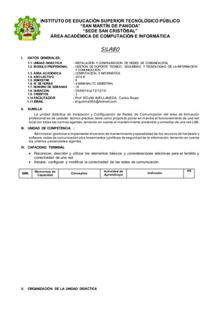 INSTITUTO DE EDUCACIÓN SUPERIOR TECNOLÓGICO PÚBLICO 
“SAN MARTÍN DE PANGOA” 
“SEDE SAN CRISTÓBAL” 
ÁREA ACADÉMICA DE COMPUTACIÓN E INFORMÁTICA 
SILABO 
I. DATOS GENERALES: 
1.1. UNIDAD DIDÁCTICA : INSTALACION Y CONFIGURACION DE REDES DE COMUNICACION. 
1.2. MODULO PROFESIONAL : GESTION DE SOPORTE TECNICO, SEGURIDAD Y TECNOLOGIAS DE LA INFORMACION 
Y COMUNICACIÓN. 
1.3. ÁREA ACADÉMICA : COMPUTACIÓN E INFORMÁTICA 
1.4. AÑO LECTIVO : 2014-II 
1.5. SEMESTRE : II 
1.6. N° DE HORAS : 4 SEMANAL/72 SEMESTRAL 
1.7. NÚMERO DE SEMANAS : 18 
1.8. DURACION : 05/08/14 al 12/12/14 
1.9. CREDITOS : 3 
1.10 FACILITADOR : Prof. ROJAS AVELLANEDA, Carlos Rojas 
1.11 EMAIL : angulimal555@hotmail.com 
II. SUMILLA 
La unidad didáctica de Instalación y Configuración de Redes de Comunicación del área de formación 
profesional es de carácter teórico-práctico, tiene como propósito poner en marcha el funcionamiento de una red 
local con todas las normas vigentes, teniendo en cuenta el mantenimiento preventivo y correctivo de una red LAN. 
III. UNIDAD DE COMPETENCIA : 
Administrar, gestionar e implementar el servicio de mantenimiento y operatividad de los recursos de hardware y 
software, redes de comunicación y los lineamientos y políticas de seguridad de la información, teniendo en cuenta 
los criterios y estandartes vigentes. 
IV. CAPACIDAD TERMINAL 
 Reconocer, describir y utilizar los elementos básicos y consideraciones eléctricas para el tendido y 
conectividad de una red. 
 Instalar, configurar y modificar la conectividad de las redes de comunicación. 
SEM. 
Elementos de 
Capacidad 
Conceptos 
V. ORGANIZACIÓN DE LA UNIDAD DIDÁCTICA 
Actividad de 
Aprendizaje 
Indicador 
HS 
 
