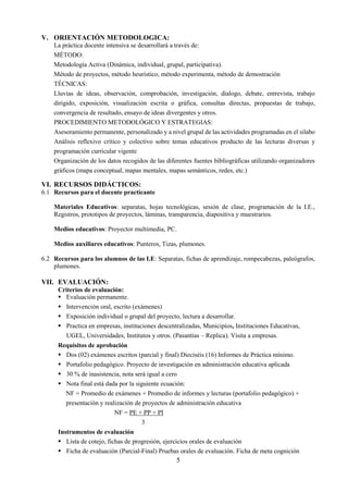 5
V. ORIENTACIÓN METODOLOGICA:
La práctica docente intensiva se desarrollará a través de:
MÉTODO:
Metodología Activa (Dinámica, individual, grupal, participativa).
Método de proyectos, método heurístico, método experimenta, método de demostración
TÉCNICAS:
Lluvias de ideas, observación, comprobación, investigación, dialogo, debate, entrevista, trabajo
dirigido, exposición, visualización escrita o gráfica, consultas directas, propuestas de trabajo,
convergencia de resultado, ensayo de ideas divergentes y otros.
PROCEDIMIENTO METODOLÓGICO Y ESTRATEGIAS:
Asesoramiento permanente, personalizado y a nivel grupal de las actividades programadas en el silabo
Análisis reflexivo crítico y colectivo sobre temas educativos producto de las lecturas diversas y
programación curricular vigente
Organización de los datos recogidos de las diferentes fuentes bibliográficas utilizando organizadores
gráficos (mapa conceptual, mapas mentales, mapas semánticos, redes, etc.)
VI. RECURSOS DIDÁCTICOS:
6.1 Recursos para el docente practicante
Materiales Educativos: separatas, hojas tecnológicas, sesión de clase, programación de la I.E.,
Registros, prototipos de proyectos, láminas, transparencia, diapositiva y muestrarios.
Medios educativos: Proyector multimedia, PC.
Medios auxiliares educativos: Punteros, Tizas, plumones.
6.2 Recursos para los alumnos de las I.E: Separatas, fichas de aprendizaje, rompecabezas, paleógrafos,
plumones.
VII. EVALUACIÓN:
Criterios de evaluación:
 Evaluación permanente.
 Intervención oral, escrito (exámenes)
 Exposición individual o grupal del proyecto, lectura a desarrollar.
 Practica en empresas, instituciones descentralizadas, Municipios, Instituciones Educativas,
UGEL, Universidades, Institutos y otros. (Pasantías – Replica). Visita a empresas.
Requisitos de aprobación
 Dos (02) exámenes escritos (parcial y final) Dieciséis (16) Informes de Práctica mínimo.
 Portafolio pedagógico. Proyecto de investigación en administración educativa aplicada
 30 % de inasistencia, nota será igual a cero
 Nota final está dada por la siguiente ecuación:
NF = Promedio de exámenes + Promedio de informes y lecturas (portafolio pedagógico) +
presentación y realización de proyectos de administración educativa
NF = PE + PP + PI
3
Instrumentos de evaluación
 Lista de cotejo, fichas de progresión, ejercicios orales de evaluación
 Ficha de evaluación (Parcial-Final) Pruebas orales de evaluación. Ficha de meta cognición
 