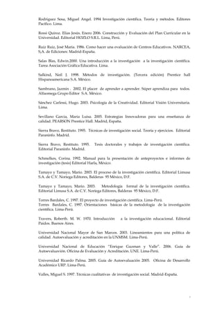 5
Rodriguez Sosa, Miguel Angel. 1994 Investigación científica. Teoría y métodos. Editores
Pacífico. Lima.
Rossi Quiroz. Elias Jesús. Enero 2006. Construcción y Evaluación del Plan Curricular en la
Universidad. Editorial HOZLO S.R.L. Lima, Perú.
Ruiz Ruiz, José Maria. 1986. Como hacer una evaluación de Centros Educativos. NARCEA,
S,A. de Ediciones: Madrid-España.
Salas Blas, Edwin.2000. Una introducción a la investigación a la investigación científica.
Tarea Asociación Gráfica Educativa. Lima.
Salkind, Neil J. 1998. Métodos de investigación. (Tercera edición) Prentice hall
Hispanoamericana S.A. México.
Sambrano, Jazmin . 2002. El placer de aprender a aprender. Súper aprendiza para todos.
Alfaomega Grupo Editor S.A. México.
Sánchez Carlessi, Hugo. 2003. Psicología de la Creatividad. Editorial Visión Universitaria.
Lima.
Sevillano Garcia, Maria Luisa. 2005. Estrategias Innovadoras para una enseñanza de
calidad. PEARSON Prentice Hall. Madrid, España.
Sierra Bravo, Restituto. 1995. Técnicas de investigación social. Teoría y ejercicios. Editorial
Paraninfo. Madrid.
Sierra Bravo, Restituto. 1995. Tesis doctorales y trabajos de investigación científica.
Editorial Paraninfo. Madrid.
Schmelkes, Corina. 1992. Manual para la presentación de anteproyectos e informes de
investigación (tesis) Editorial Harla, México.
Tamayo y Tamayo, Mario. 2003. El proceso de la investigación científica. Editorial Limusa
S.A. de C.V. Noriega Editores, Balderas 95 México, D.F.
Tamayo y Tamayo, Mario. 2003. Metodología formal de la investigación científica.
Editorial Limusa S.A. de C.V. Noriega Editores, Balderas 95 México, D.F.
Torres Bardales, C. 1997. El proyecto de investigación cientifica. Lima-Perú.
Torres Bardales, C. 1997. Orientaciones básicas de la metodología de la investigación
científica. Lima-Perú.
Travers, Roberth. M. W. 1970. Introducción a la investigación educacional. Editorial
Paidos. Buenos Aires.
Universidad Nacional Mayor de San Marcos. 2003. Lineamientos para una política de
calidad. Autoevaluación y acreditación en la UNMSM. Lima-Perú.
Universidad Nacional de Educación “Enrique Guzman y Valle”. 2006. Guía de
Autoevaluavión. Oficina de Evaluación y Acreditación. UNE. Lima-Perú.
Universidad Ricardo Palma. 2005. Guía de Autoevaluación 2005. Oficina de Desarrollo
Académico URP. Lima-Perú.
Valles, Miguel S. 1997. Técnicas cualitativas de investigación social. Madrid-España.
 