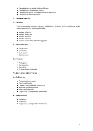 2
 Capacidad para la resolución de problemas.
 Capacidad para tomar de decisiones.
 Capacidad de aplicar los conocimientos en la práctica.
 Capacidad de análisis y síntesis.
V. METODOLOGÍA:
5.1. Métodos:
Para la adquisición de conocimientos, habilidades y destrezas de los estudiantes, serán
necesarias utilizar los siguientes Métodos:
 Método inductivo
 Método Deductivo
 Método Analítico
 Método Sintético
 Método de proyecto (individual y grupal)
5.2. Procedimientos:
 Observación
 Exposición
 Explicación
 Demostración
5.3. Técnicas:
 Participativa
 Experimental.
 Expositiva.
 Orientación personalizada.
VI. RECURSOS DIDACTICOS
6.1. Del docente
 Plumones, pizarra, mota.
 Equipo multimedia.
 Laboratorio con módulos simuladores
 Separatas, guías de práctica.
 Videos y diapositivas
 Dispositivos y componentes electrónicos.
6.2. Del estudiante
 Protoboard
 Multitester
 Dispositivos y componentes electrónicos
 